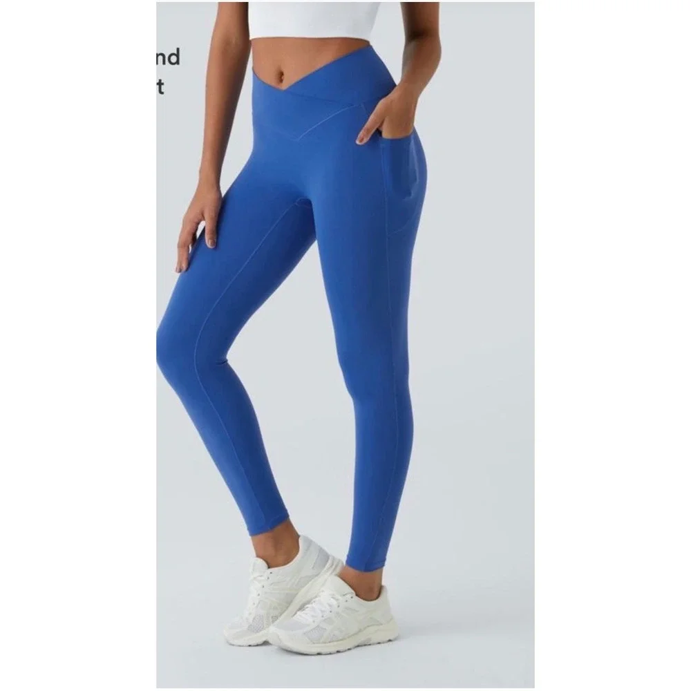 Halara Crossover‎ Waist High Rise Full Length Leggings with Pockets Blue Size M